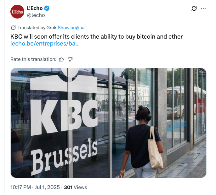  KBC Bank Crypto Access.Source: L'Echo on X (@lecho)