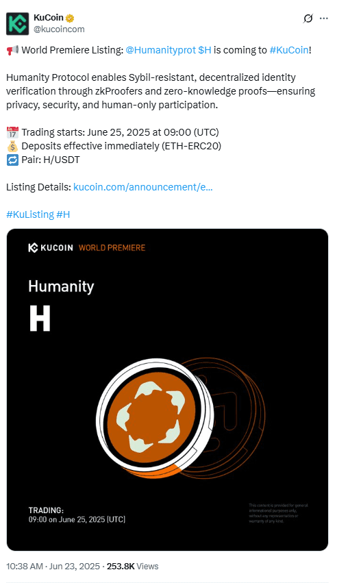 Humanity Protocol Listing on KuCoinSource: KuCoin on X (@kucoincom)