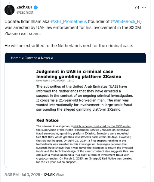 WhiteRock Founder ZKasino ArrestSource: X (@zachxbt)