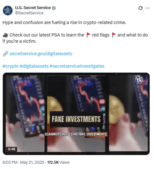 Fake Investments in Crypto ScamsSource: U.S. Secret Service on X (@SecretService)
