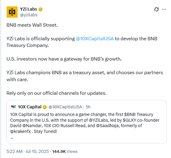 BNB Treasury Company Announcement. Source: YZi Labs on X