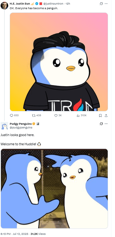 Justin Sun Joins Pudgy Penguins MemeSource: X (@justinsuntron and @pudgypenguins)