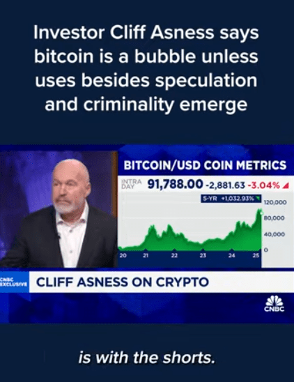 Cliff Asness Bitcoin Bubble WarningSource: CNBC