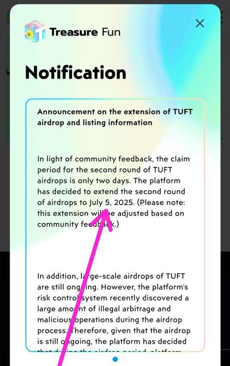 TUFT Airdrop Extension Notice.Source: Treasure Fun