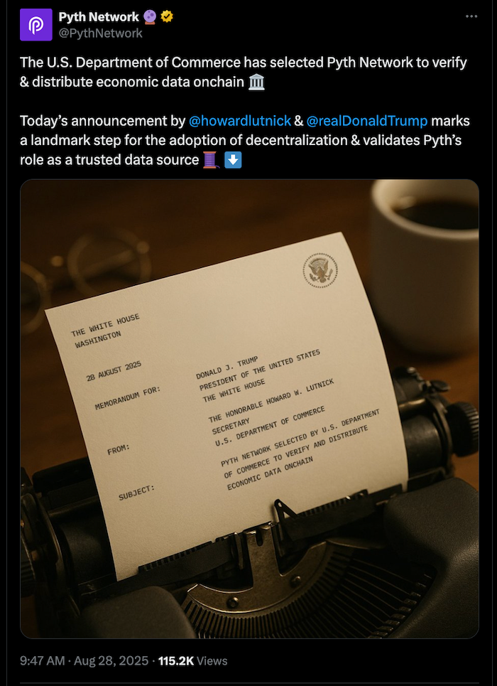 Pyth Network US Government AnnouncementSource: Pyth Network (X / @PythNetwork)