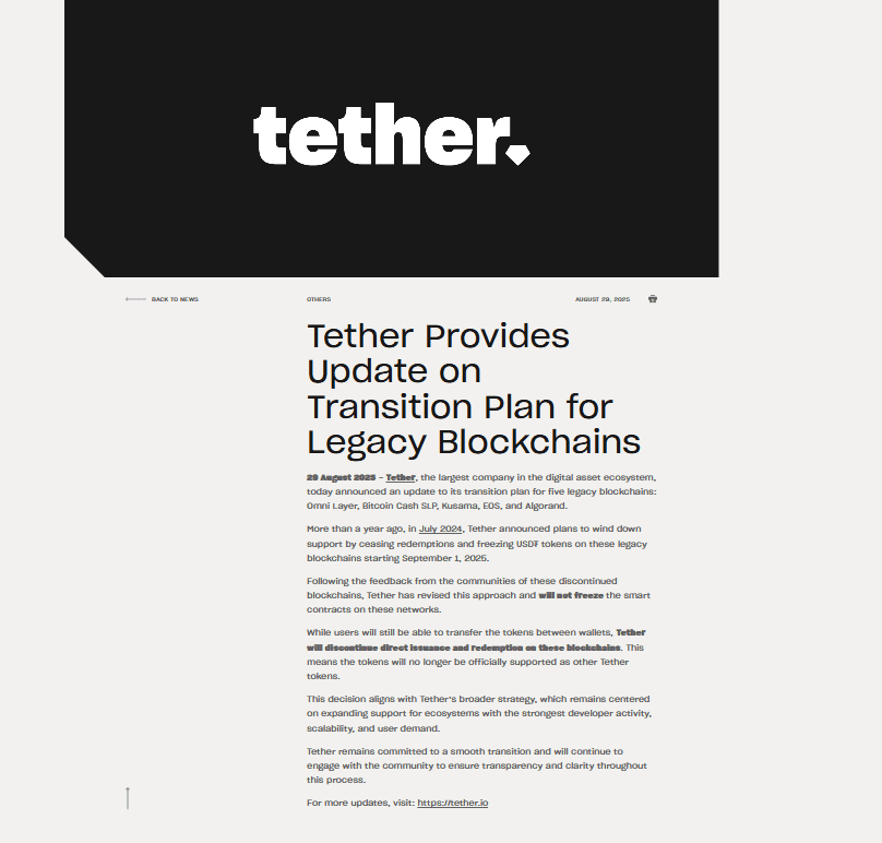 Tether Provides Update on Transition Plan for Legacy BlockchainsSource: Tether
