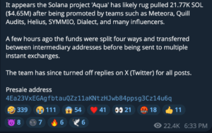 Aqua,executed a rug pull worth about $4.65M