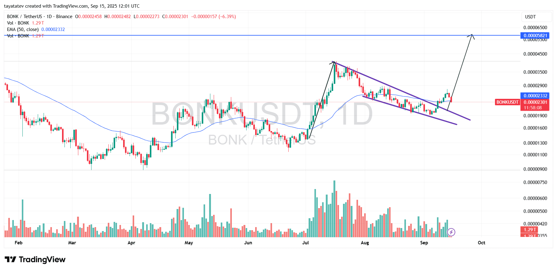 BONK USDT Falling Wedge. Source: TradingView