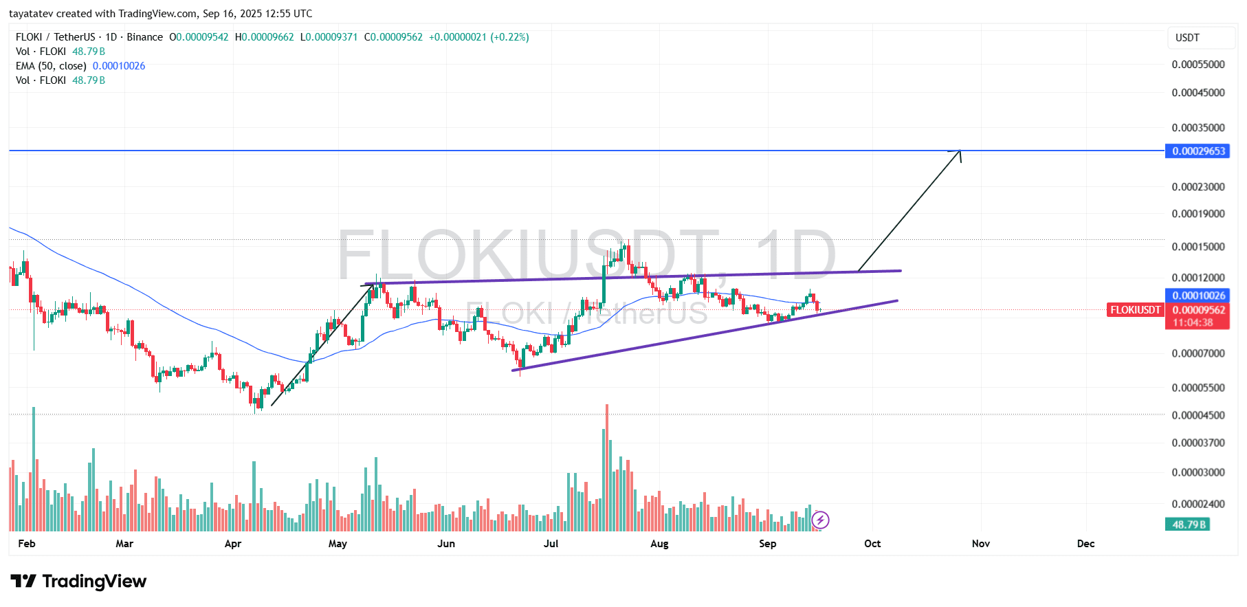 FLOKIUSDT, 1-day timeframe, Binance. Source: TradingView. Timestamp: Sep 16, 2025, 12:55 Coordinated Universal Time