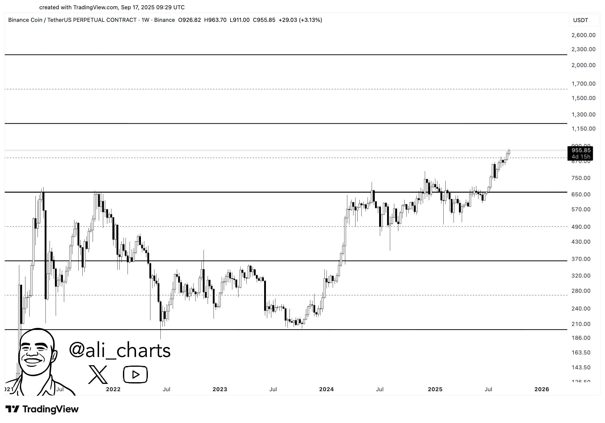 BNB USDT, weekly. Source: TradingView and Ali on X