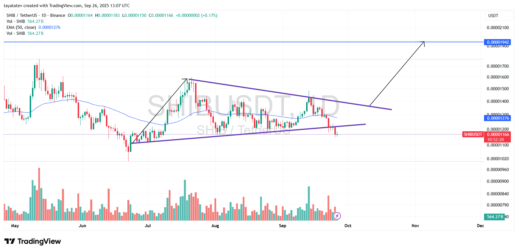 Shibusdt Daily Wedge Analysis. Source: TradingView
