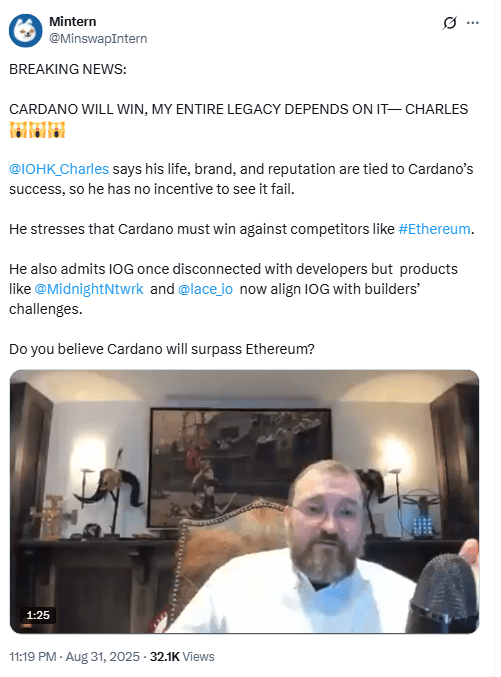Hoskinson Says Cardano Must WinSource: Mintern (@MinswapIntern) on X