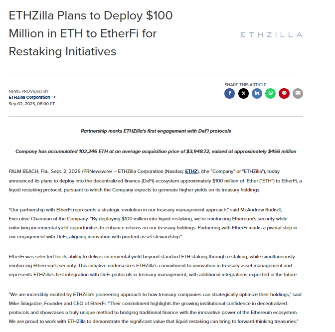 ETHZilla Plans to Deploy $100 Million in ETH to EtherFi for Restaking Initiatives