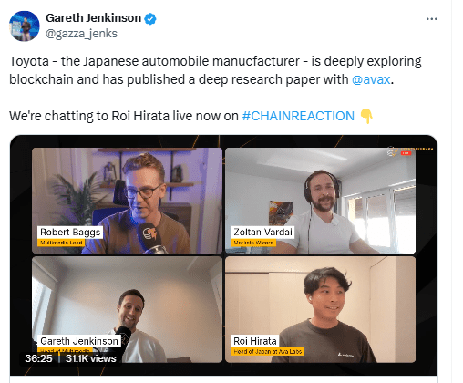Avalanche and Toyota Blockchain Research on Robotaxi Infrastructure.Source: Gareth Jenkinson (X)