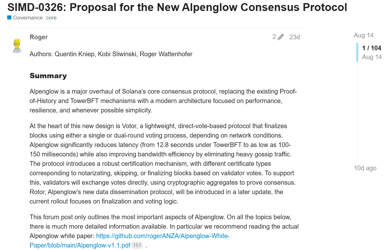 SIMD-0326: Proposal for the New Alpenglow Consensus ProtocolSource: Solana Forum (Governance, Core)