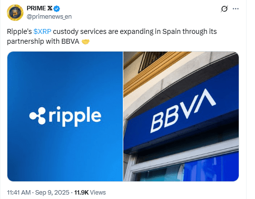 PRIME X Post on Ripple–BBVA Custody PartnershipSource: X (@primenews_en)