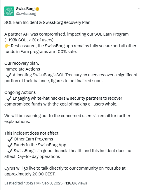 SwissBorg SOL Earn Recovery Plan. Source: X SwissBorg