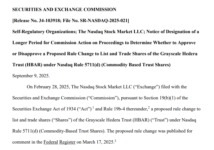 SEC Grayscale Hedera Trust HBAR Delay. Source: U.S. Securities and Exchange Commission