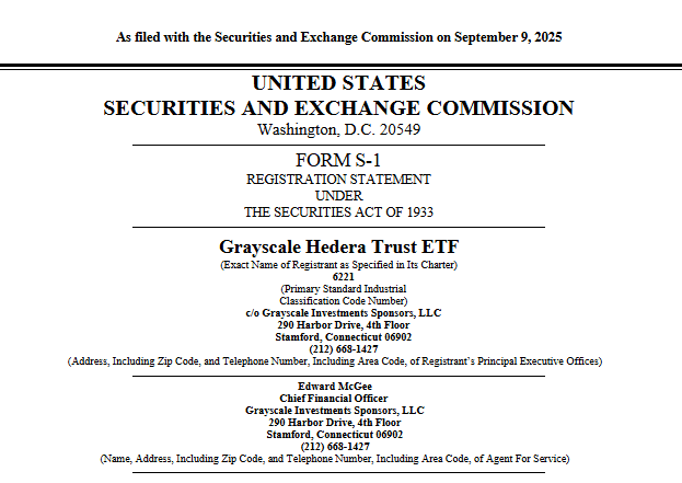 Grayscale Hedera Trust ETF S1 Filing. Source: U.S. Securities and Exchange Commission