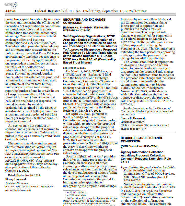 SEC Bitwise Dogecoin ETF Deadline. Source: Federal Register