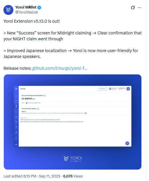 Yoroi Extension v5.13.0 Update. Source: Yoroi Wallet on X