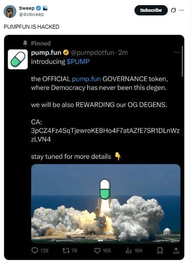 Pump.fun Account Hacked. Source: Sweep on X