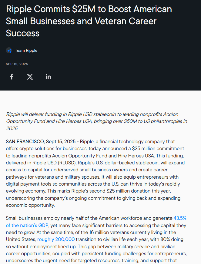 Ripple RLUSD Stablecoin $25M Donation. Source: Ripple