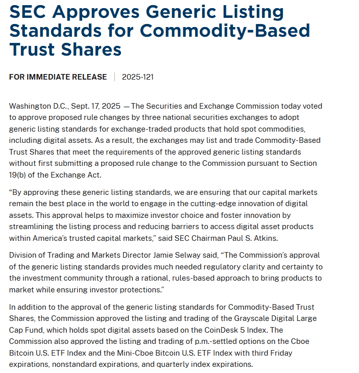 SEC Generic Listing Standards Approval. Source: U.S. Securities and Exchange Commission
