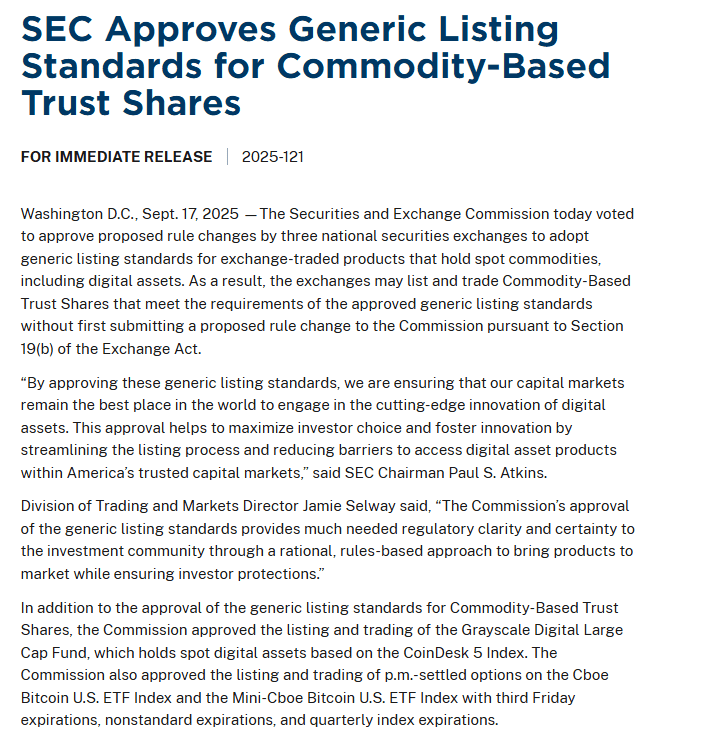 SEC Approves Generic Listing Standards. Source: SEC