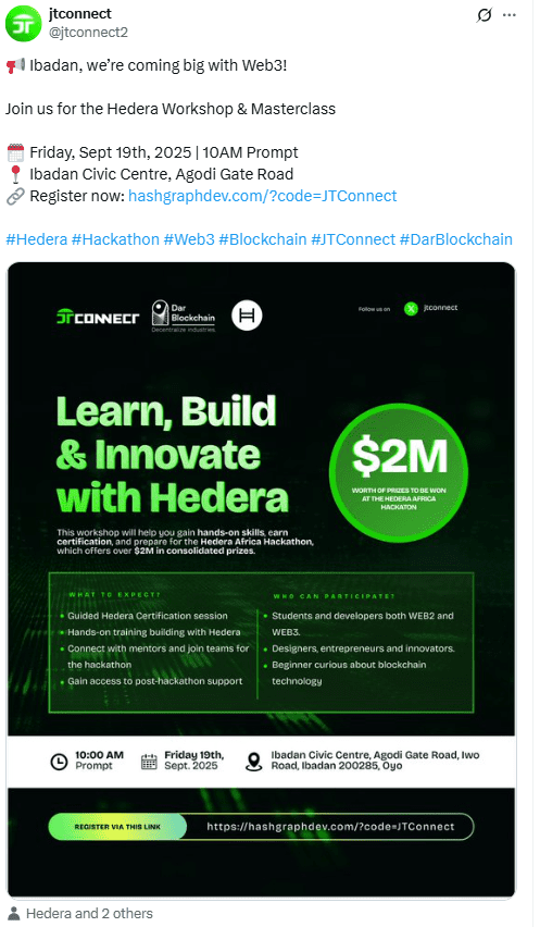 Hedera Workshop Ibadan. Source: JTconnect on X