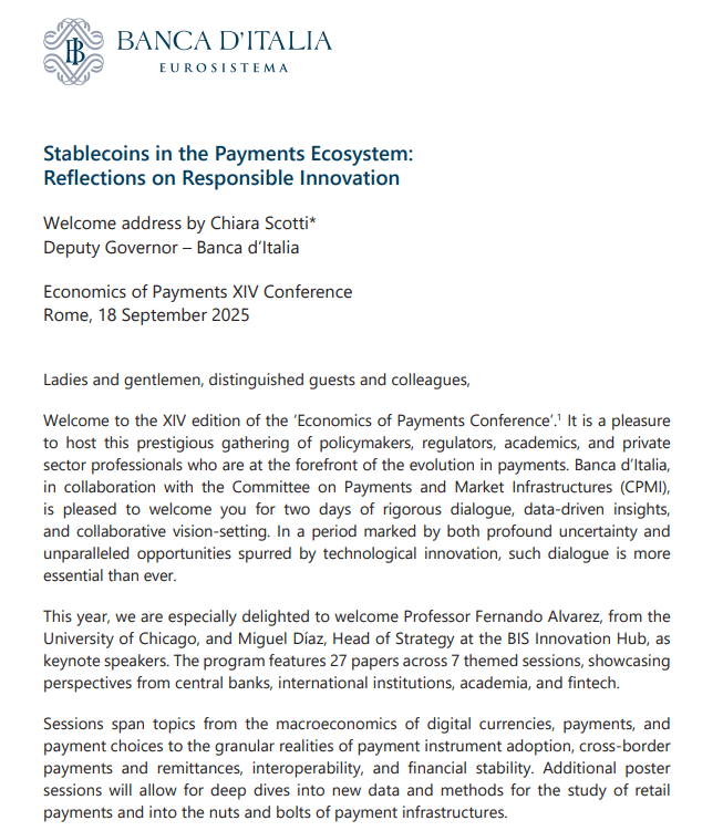 Bank of Italy Stablecoins Speech. Source: Banca d’Italia
