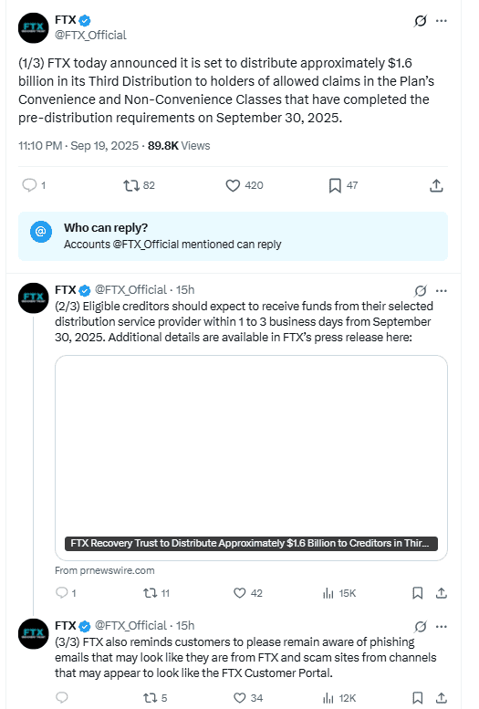 FTX Third Distribution $1.6B. Source: FTX on X