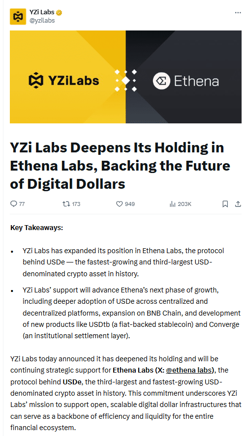 YZi Labs Ethena USDe Update. Source: YZi Labs on X