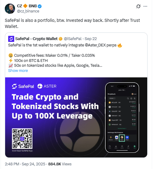 CZ SafePal Investment Post. Source: X