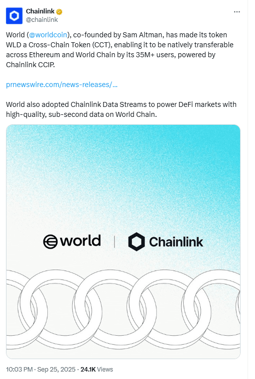 World Chain WLD CCT Launch. Source: Chainlink on X