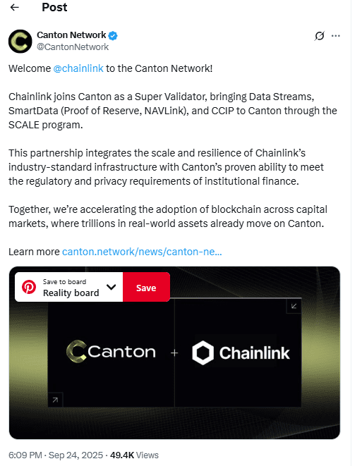 Canton Network Chainlink Super Validator. Source: Canton Network on X