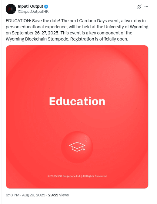 Cardano Days Education Wyoming. Source: Input Output on X