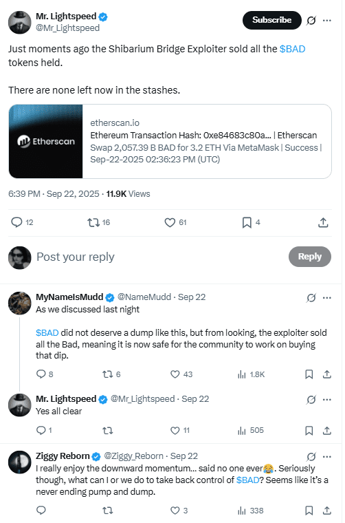 Shibarium Bridge Exploiter is all doing bad sales. Source: X's LightSpeed