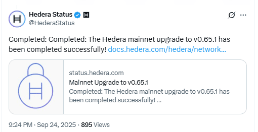 Hedera Mainnet V0.65.1 has been completed. Source: Hedera status of x