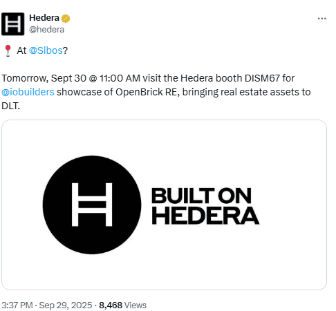 OpenBrick RE on Hedera at Sibos. Source: Hedera on X