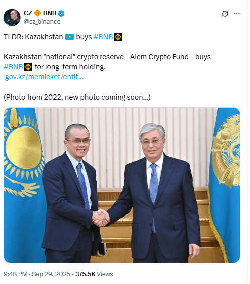 Kazakhstan buys BNB Reserves. Source: X CZ Binance