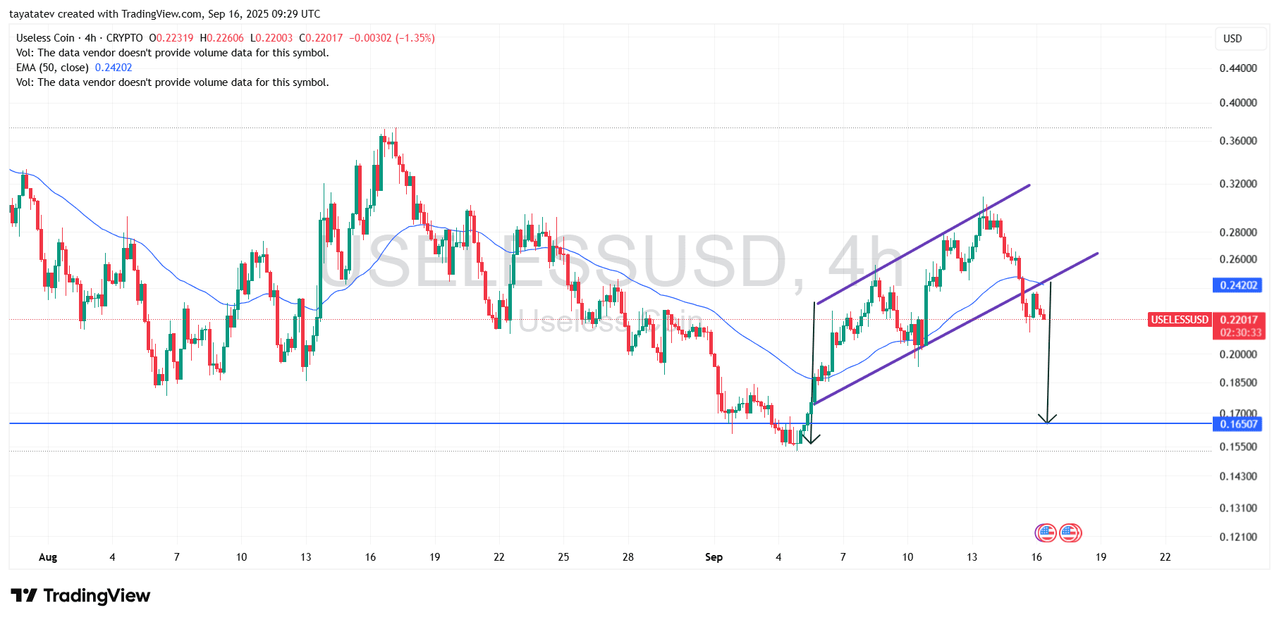 Useless Coin Rising Channel Breakdown 4 hour. Source: TradingView
