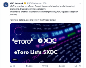 XDC Goes Live on eToro 