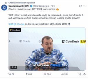 Hoskinson Sees $10 Trillion Tokenization Once U.S. Provides Clarity