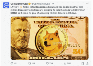 CleanCore Expands Dogecoin Treasury Beyond 600M as ETF Launch Nears
