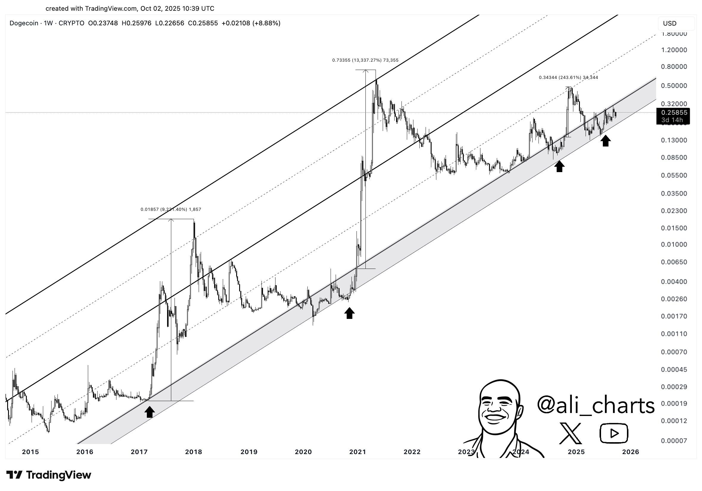 Dogecoin Weekly Accumulation Channel. Source: Ali Martinez on X and TradingView