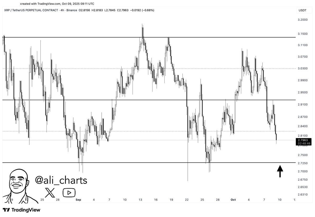 XRP 4-hour chart highlighting $2.73 support (Ali)Source: Ali Martinez (@ali_charts
)