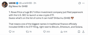 T. Rowe Price Files for Active Crypto ETF, Lists Shiba Inu Among Eligible Assets