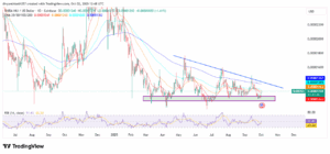 SHIB/USD 1-Day Price Chart with RSI and EMAs