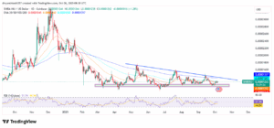 SHIB/USD 1-Day Price Chart with RSI and EMAs